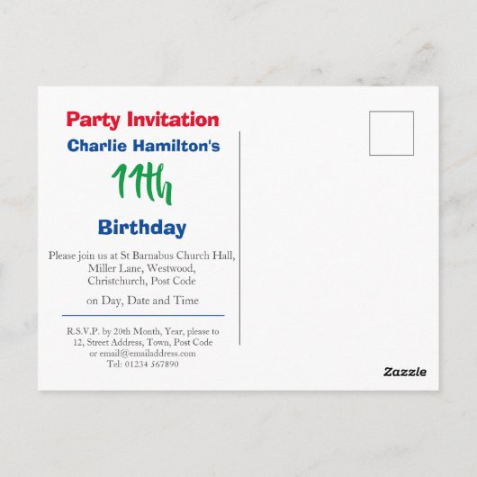 11歳の誕生日写真付き招待状 ポストカード (裏面)