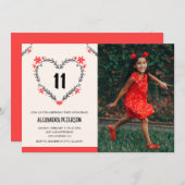 11歳の誕生日招待状のフローラハート 招待状 (正面/裏面)