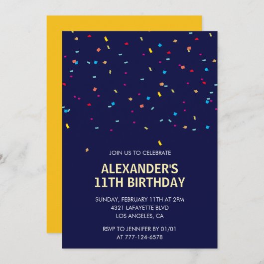 11歳の誕生日招待状ボーイ紙吹雪 招待状 (正面/裏面)