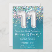 11歳の誕生日招待状 ティール シルバー グリッター 招待状 (正面)