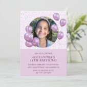 11歳の誕生日招待状 風船 フォト パープル 招待状 (スタンド正面)