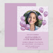 11歳の誕生日招待状 風船 フォト パープル 招待状 (正面/裏面)