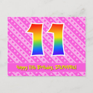 11歳の誕生日:ピンクのストライプとハート、レインボー11 ポストカード