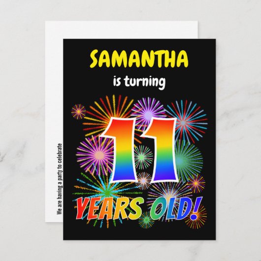 11歳の誕生日 - 楽しい花火、虹の「11」 ポストカード (正面/裏面)