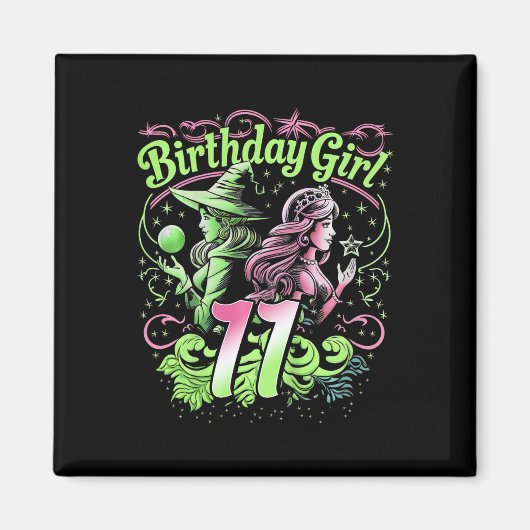 11歳の誕生日 魔女 ピンクとグリーン 11歳の女の子 マグネット (正面)