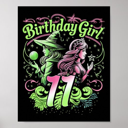 11歳の誕生日 魔女 ピンクとグリーン 11歳の子供 ポスター (正面)