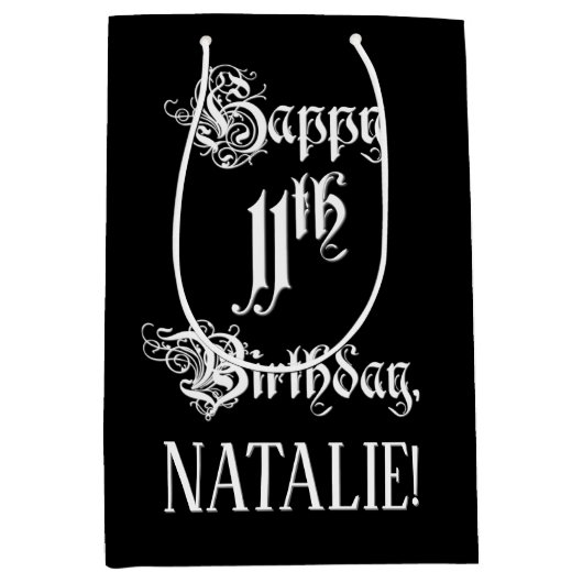 11番目の誕生日: ファンシー、スクリプエレガントト+名前をカスタムする ミディアムペーパーバッグ (正面)