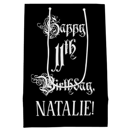 11番目の誕生日: ファンシー、スクリプエレガントト+名前をカスタムする ミディアムペーパーバッグ (裏面)