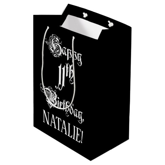 11番目の誕生日: ファンシー、スクリプエレガントト+名前をカスタムする ミディアムペーパーバッグ (裏面アングル)