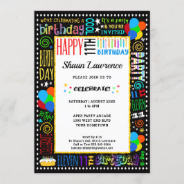 11誕生日おもしろいカラー熱狂する文字オン黒パーティー 招待状