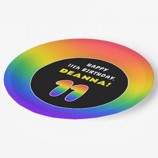 11誕生日カラフル：レインボー# 11,名前をカスタムする ペーパープレート (アングル)