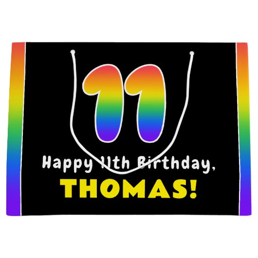 11誕生日カラフル:レインボー# 11,名前をカスタムする ラージペーパーバッグ (正面)