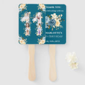 11誕生日ティール（緑がかった色）フラワーフォトコラージイエロー ハンドファン (正面&裏面)