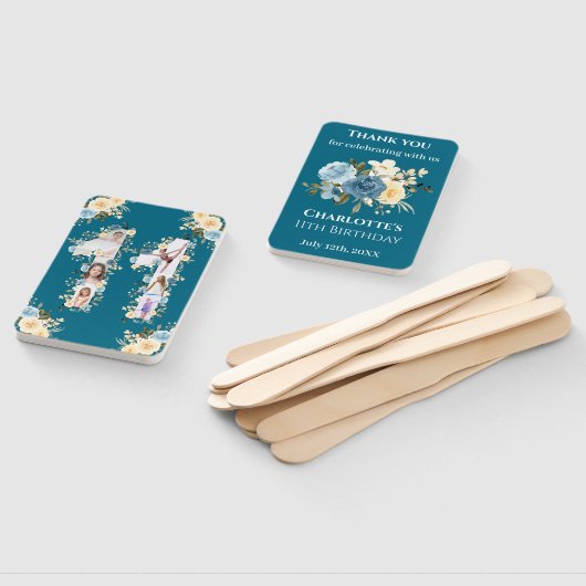 11誕生日ティール（緑がかった色）フラワーフォトコラージイエロー ハンドファン (組立なし)