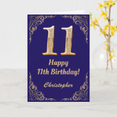 11誕生日ネイビーブルーと金ゴールドグリッターフレーム カード (黄色い花)