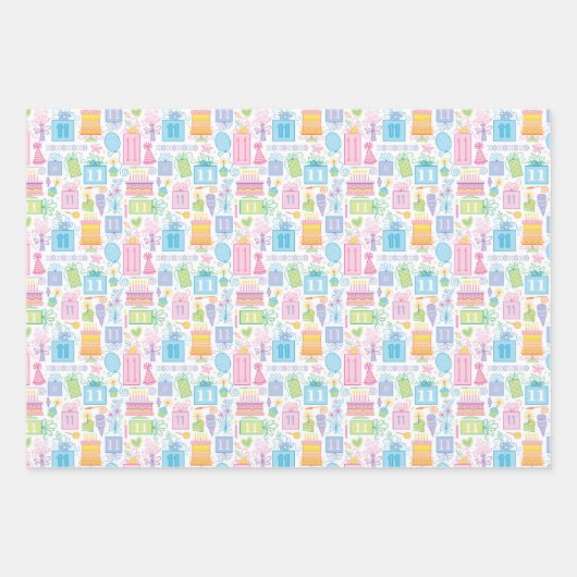 11誕生日パステルピンクケーキプレゼントバルーン ラッピングペーパーシート (正面3)