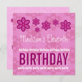 11誕生日ピンクフラワーズガール名前をカスタムする 招待状 (正面/裏面)