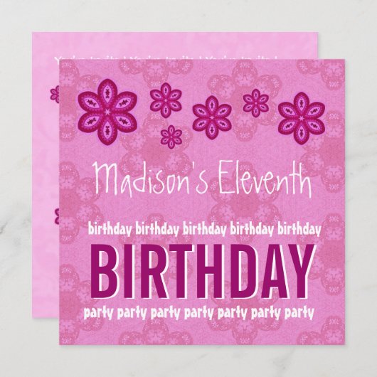 11誕生日ピンクフラワーズガール名前をカスタムする 招待状 (正面/裏面)