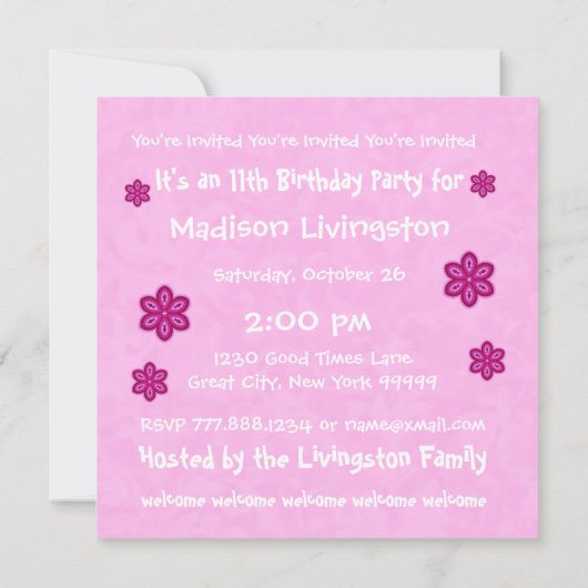 11誕生日ピンクフラワーズガール名前をカスタムする 招待状 (裏面)