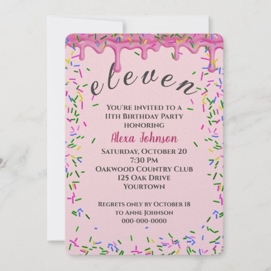 11誕生日ピンク色のアイシングと散水 招待状 (正面)