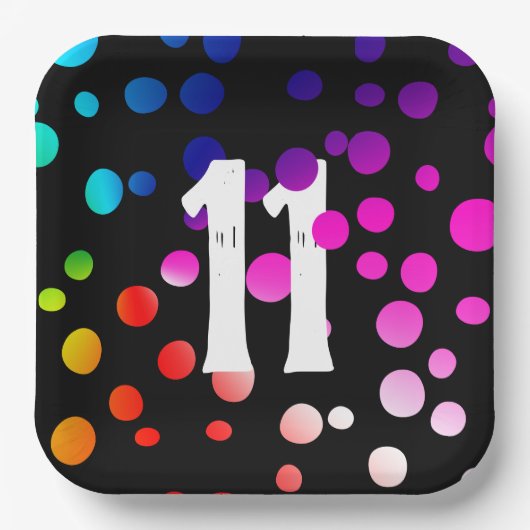 11誕生日レインボンドットオンブラック ペーパープレート (正面)