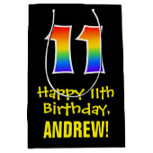 11誕生日:おもしろいはっきりした、カラフルレインボー「11」 ミディアムペーパーバッグ (正面)