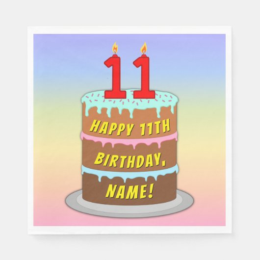 11誕生日:おもしろいケーキとキャンドル+名前をカスタムする スタンダードランチョンナプキン (正面)