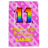 11誕生日:おもしろいピンクハート;レインボー11 ミディアムペーパーバッグ (正面)
