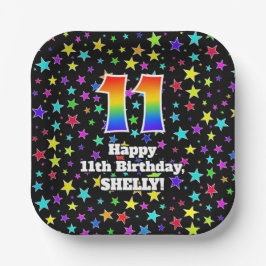 11誕生日:おもしろい星模様と虹「11」 ペーパープレート