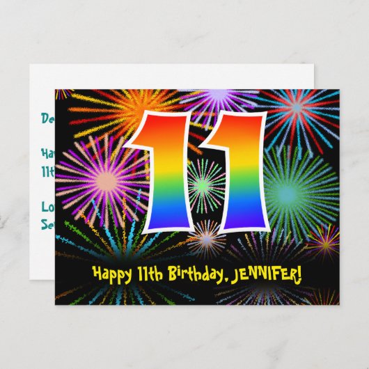 11誕生日-おもしろい花火パターン+虹11 ポストカード (正面/裏面)
