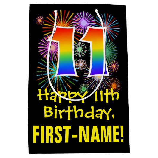 11誕生日:おもしろい花火パターン+虹11 ミディアムペーパーバッグ (正面)