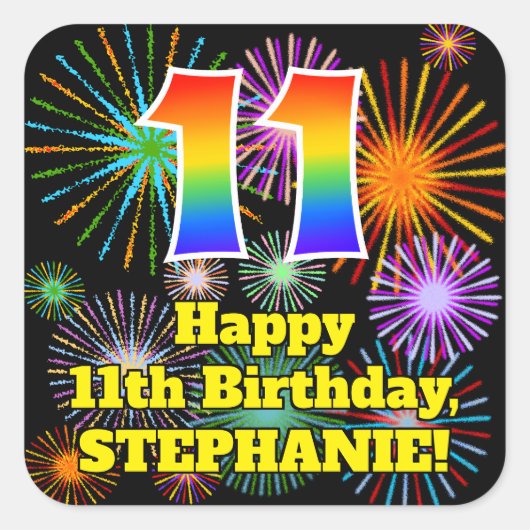 11誕生日:おもしろい花火ルック、レインボー# 11 スクエアシール (正面)