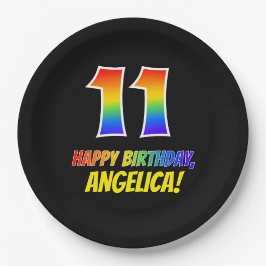 11誕生日:はっきりした,おもしろい,シンプル虹, 11 ペーパープレート (正面)