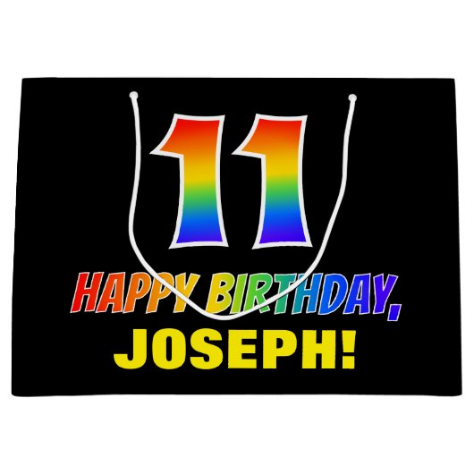 11誕生日:はっきりした,おもしろい,シンプル虹, 11 ラージペーパーバッグ (正面)