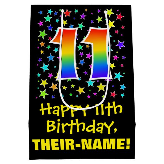 11誕生日:カラフルスターズパターン&レインボー11 ミディアムペーパーバッグ (裏面)