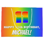 11誕生日: カラフル、おもしろいレインボーパターン# 11 ラージペーパーバッグ (裏面)