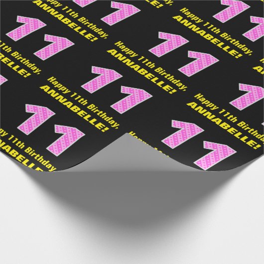 11誕生日:ピンクストライプのハートと11+名前 ラッピングペーパー (角)