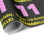 11誕生日:ピンクストライプのハートと11+名前 ラッピングペーパー (ロールコーナー)