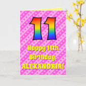 11誕生日:ピンクストライプのハート、レインボー# 11 カード (黄色い花)