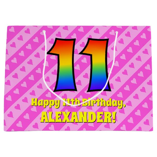 11誕生日：ピンクストライプのハート、レインボー# 11 ラージペーパーバッグ (正面)