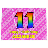 11誕生日：ピンクストライプのハート、レインボー# 11 ラージペーパーバッグ (裏面)