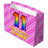 11誕生日：ピンクストライプのハート、レインボー# 11 ラージペーパーバッグ (裏面アングル)