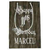 11誕生日: ファンシー, フェイク Wood Look +名前をカスタムする ミディアムペーパーバッグ (正面)