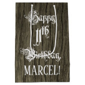 11誕生日: ファンシー, フェイク Wood Look +名前をカスタムする ミディアムペーパーバッグ (裏面)