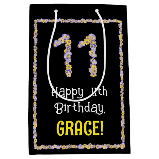 11誕生日:フローラ花数名前をカスタムする ミディアムペーパーバッグ (正面)