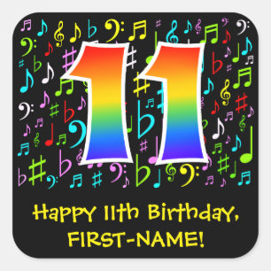11誕生日:ミュージカラフルックシンボル,レインボー11 スクエアシール
