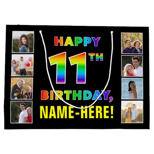 11誕生日:レインボー文字、カスタム写真&名前 ラージペーパーバッグ (裏面)