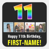 11誕生日：レインボー「11」、写真カスタムと名前 スクエアシール (正面)