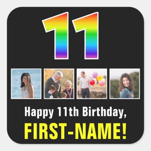 11誕生日:レインボー「11」、写真カスタムと名前 スクエアシール (正面)