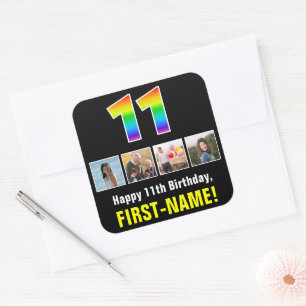 11誕生日:レインボー「11」、写真カスタムと名前 スクエアシール